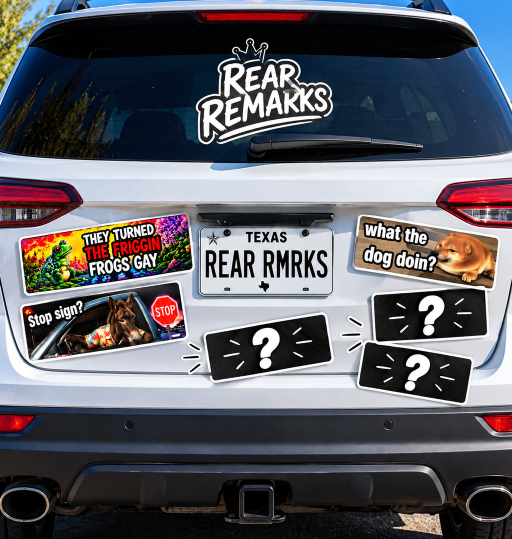Rear bumper mockup showing sample meme magnets and mystery question marks; designs may vary