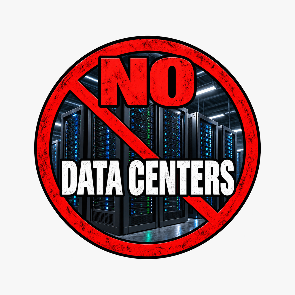 No Data Centers round magnet centered on square background